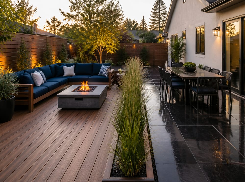 Patio in teak e granito a due superfici con due zone