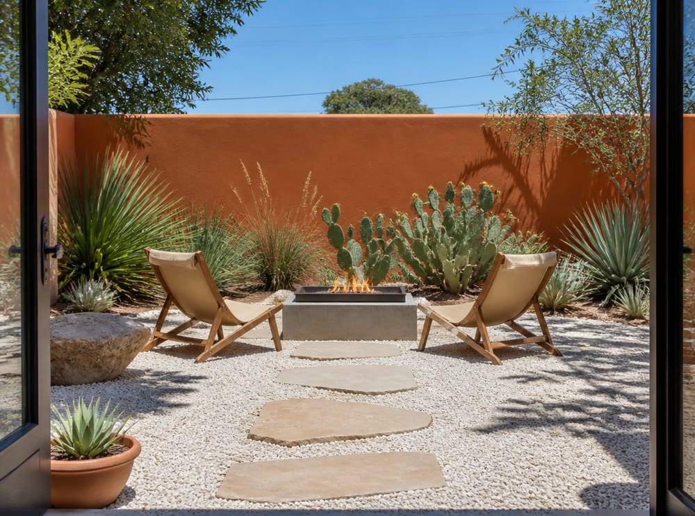 Patio desertico con ghiaia, poltrone sling e braciere