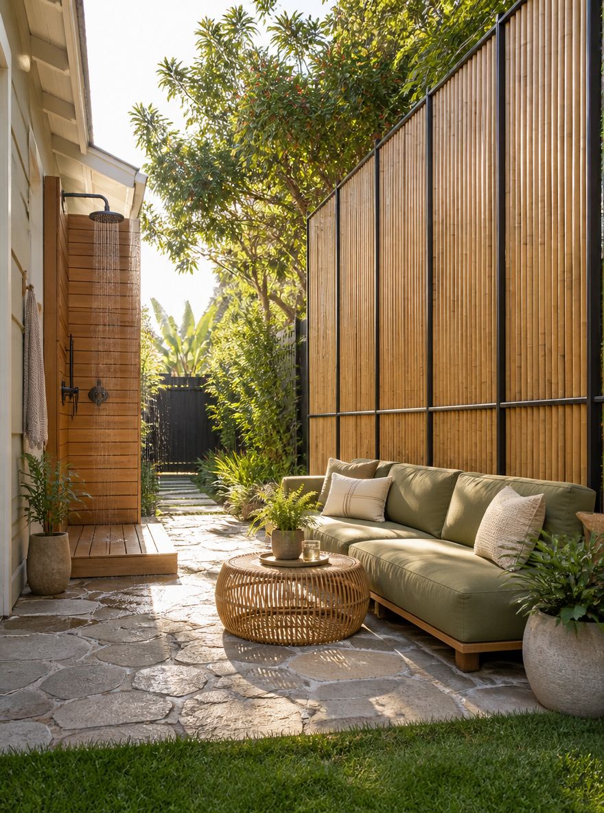 Patio con schermo in bambù, doccia esterna e divano