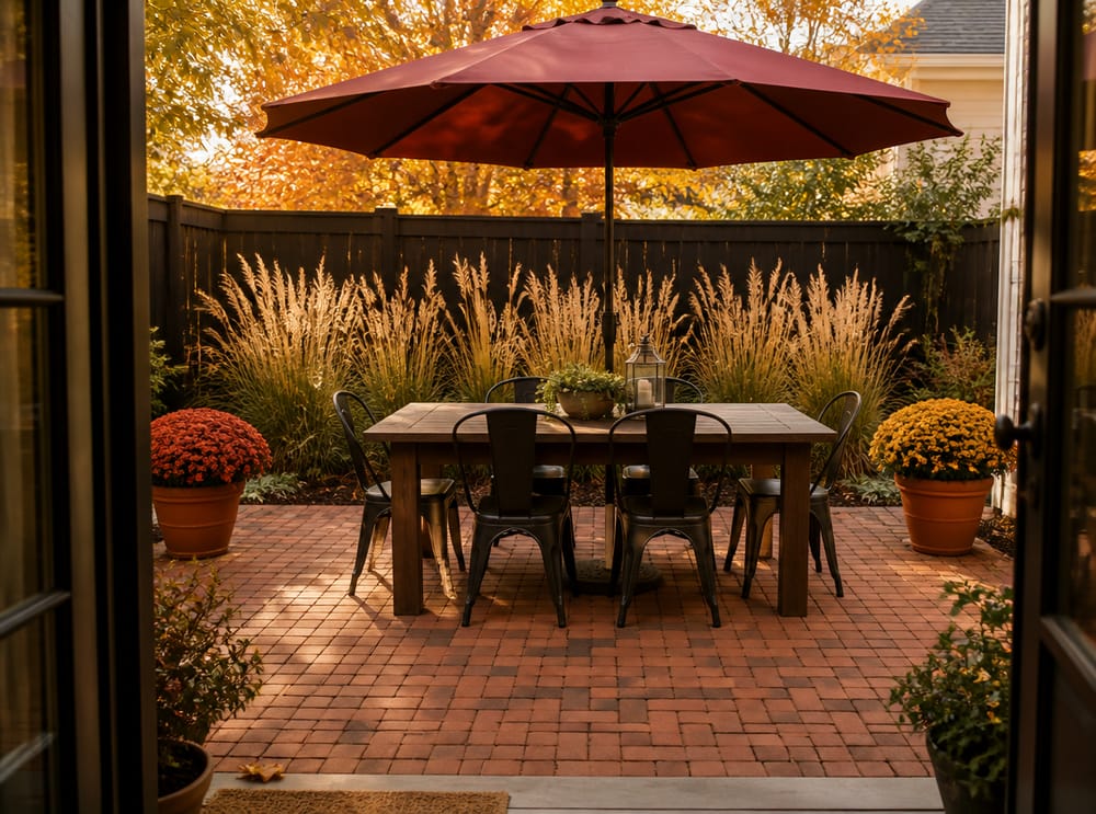 Patio in mattoni con tavolo in noce scuro alla luce autunnale