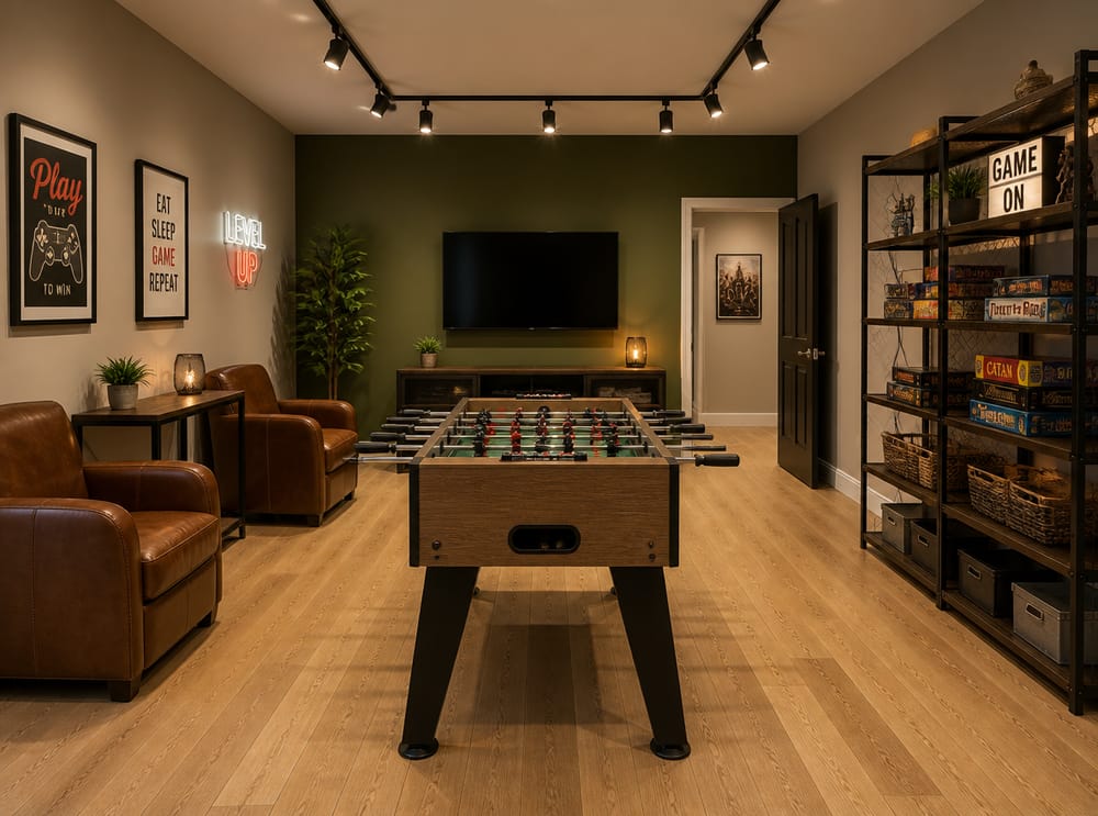 Mesa de futbolito sobre piso de roble, pared en tono oliva