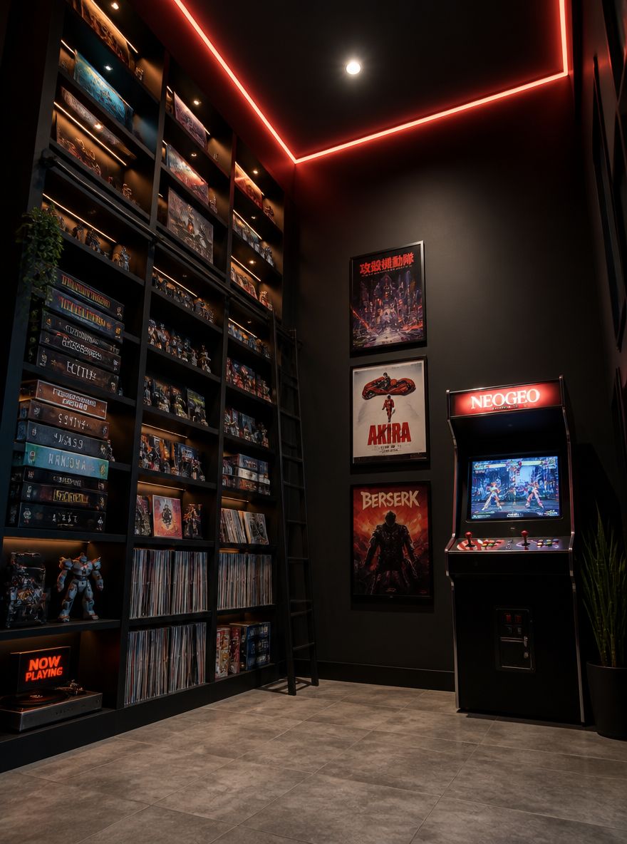 Máquina arcade junto a pared de estanterías altas
