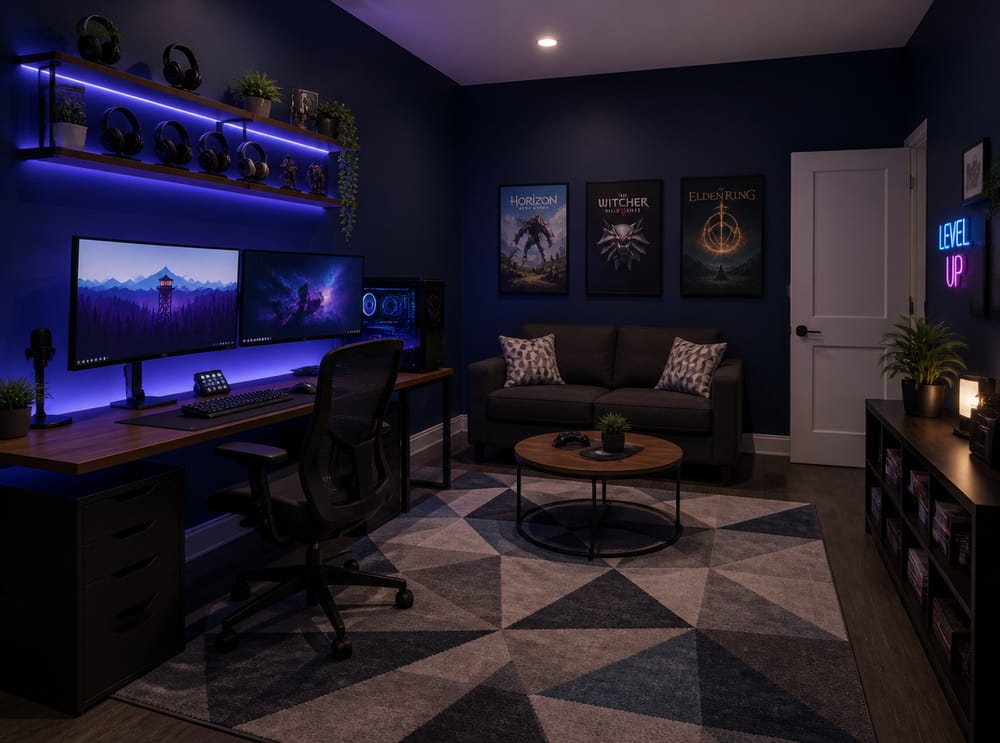 Escritorio de dos monitores con luz LED