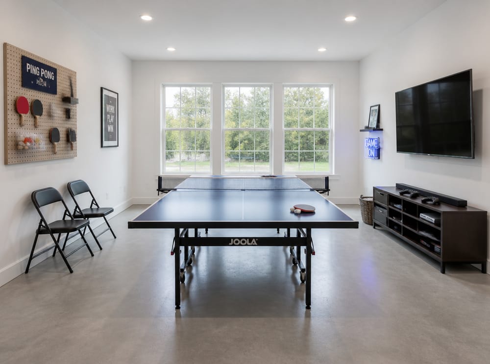 Mesa de ping pong en habitación blanca y luminosa