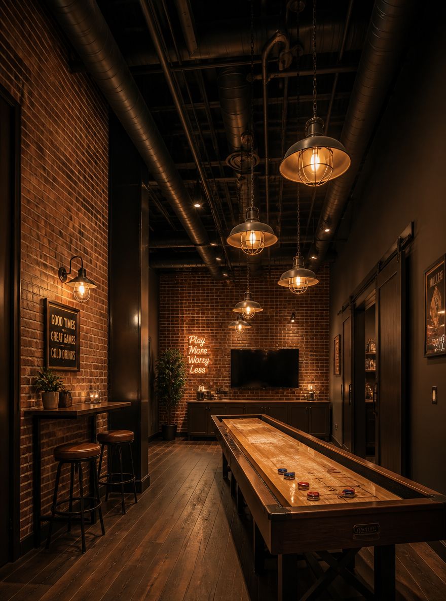 Mesa de shuffleboard bajo ductos negros visibles