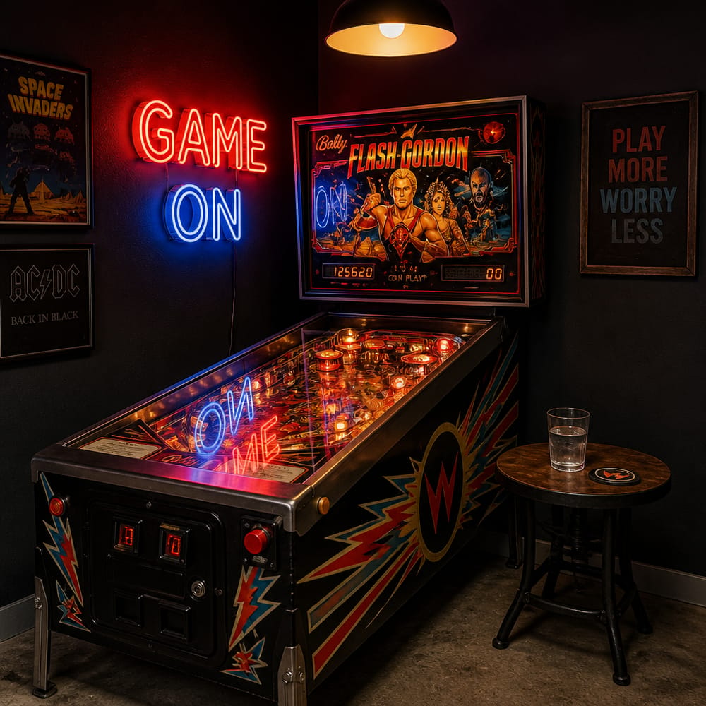Máquina de pinball vintage en rincón iluminado con neón