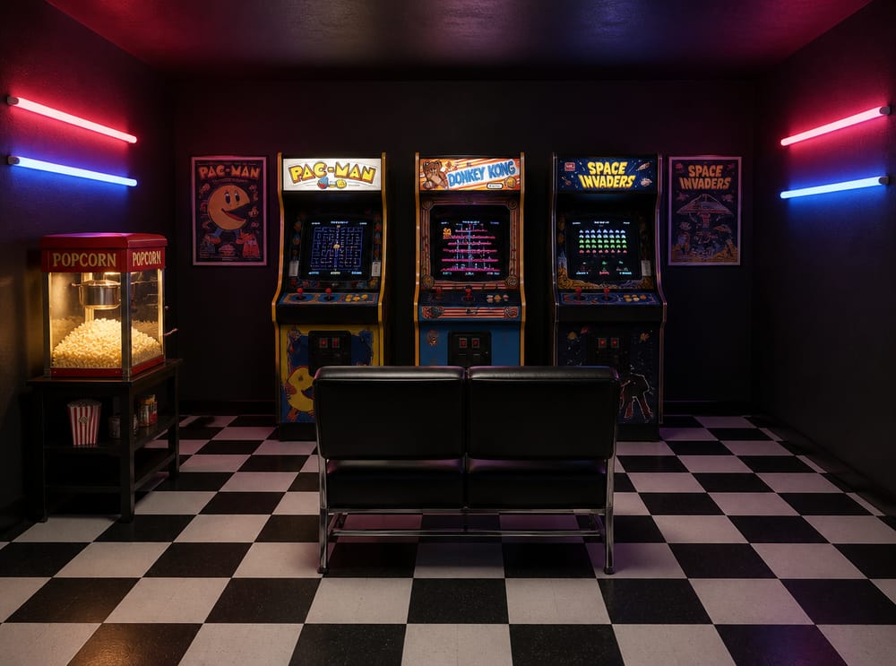 Tres máquinas arcade en suelo de baldosas a cuadros