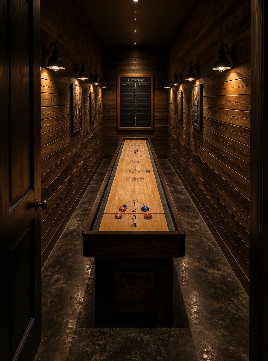 Mesa de shuffleboard a lo largo de una sala estrecha