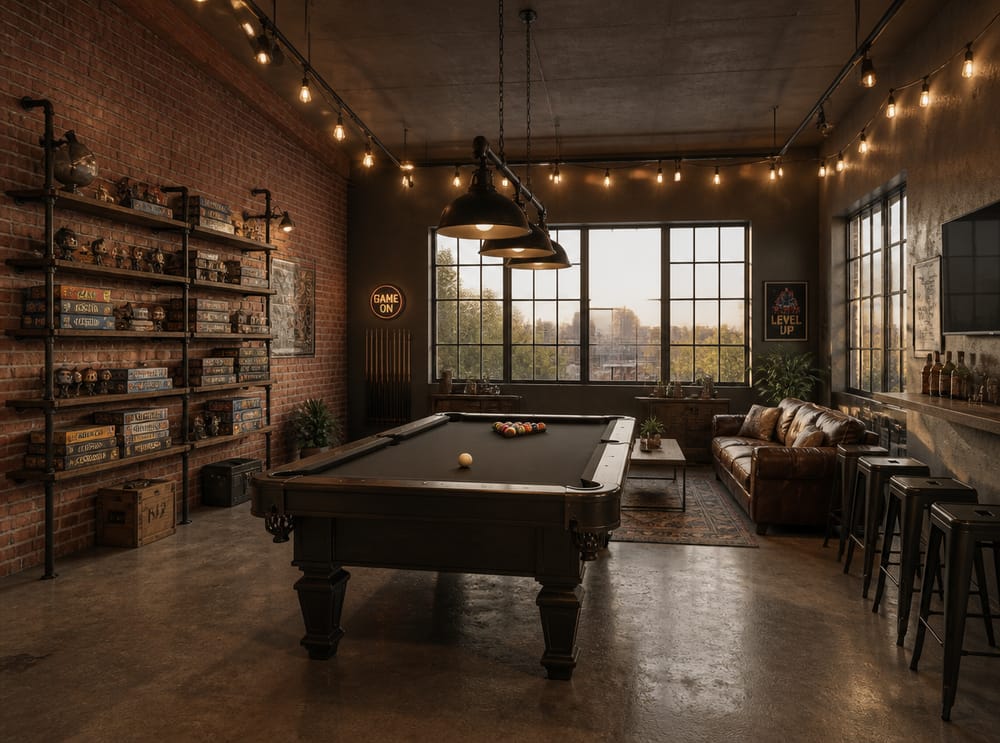 Mesa de billar en loft de estilo industrial
