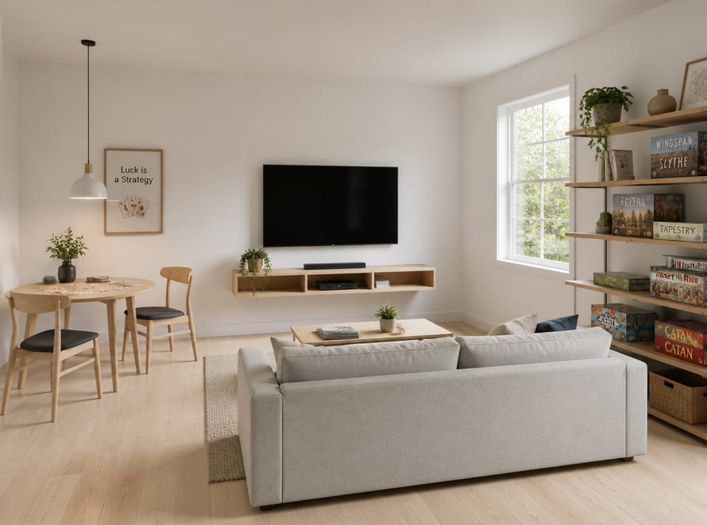 Sala de juegos escandinava minimalista, tonos claros
