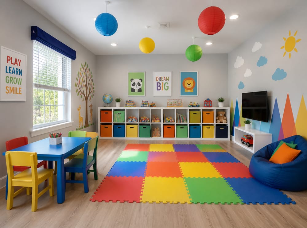 Mesa baja y cubículos de juguetes en sala infantil