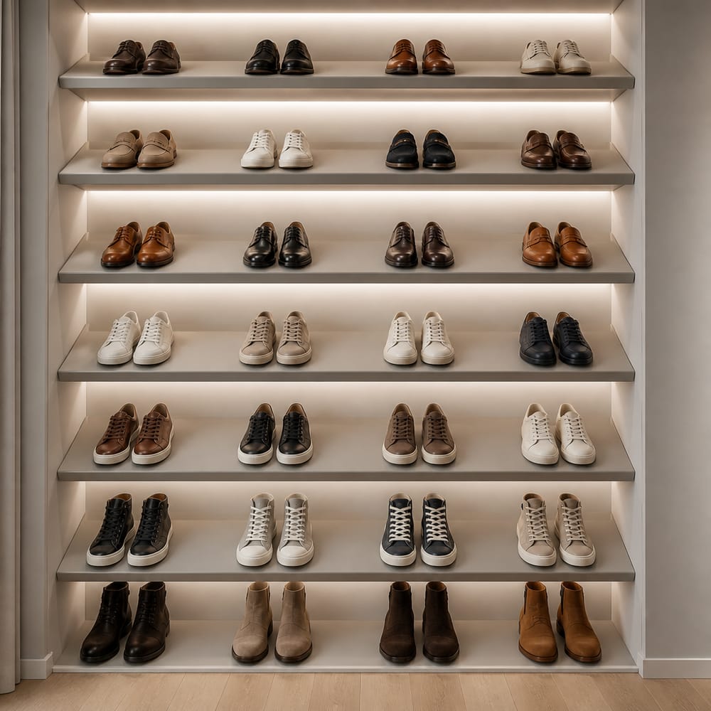 Estantes inclinados para zapatos con tiras LED debajo