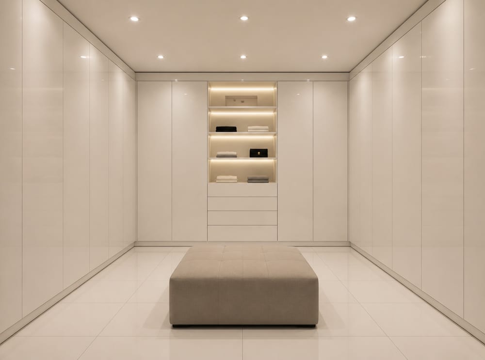 Muebles blancos con apertura push-to-open y herrajes ocultos