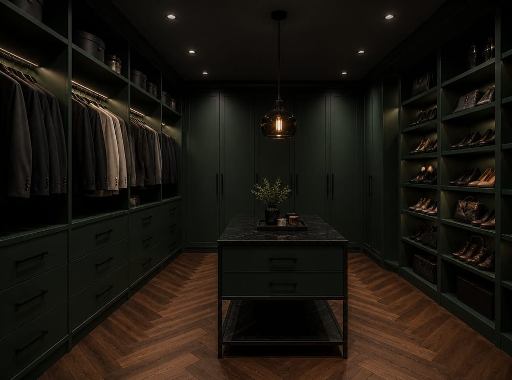 Muebles verde bosque con isla de mármol oscuro