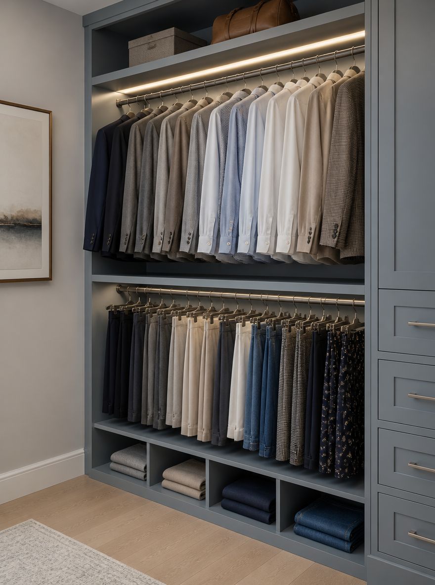 Barras para colgar de doble altura en muebles azul polvo