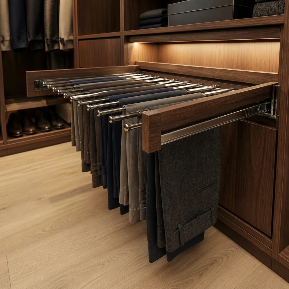 Organizador extensible para pantalones en gabinete de nogal