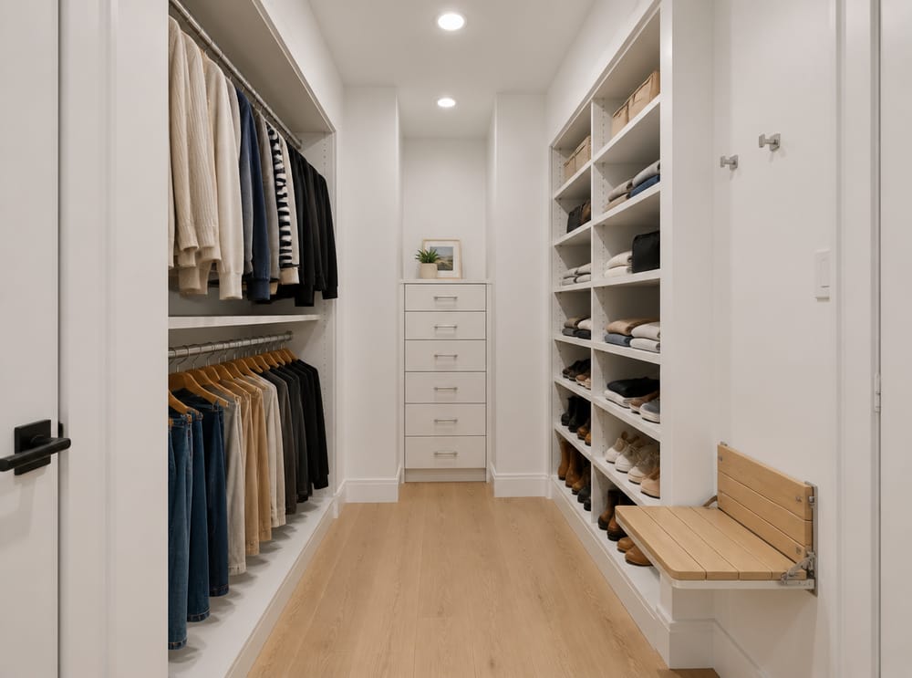 Estantes en nichos que aprovechan un vestidor compacto