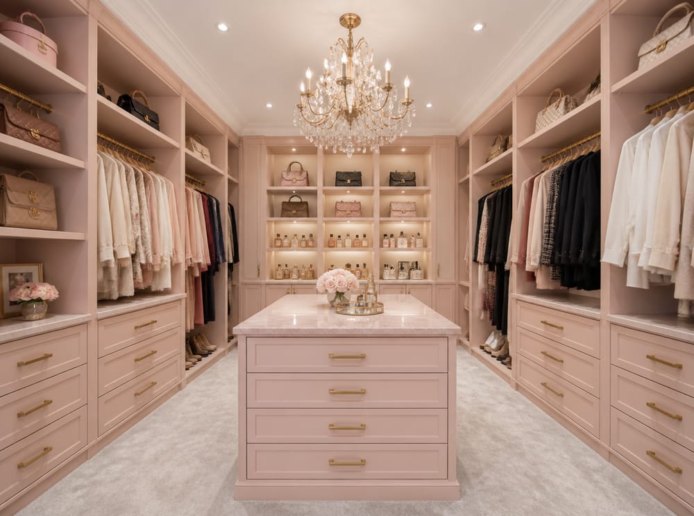 Muebles rosa palo y jaladeras doradas con lámpara de cristal
