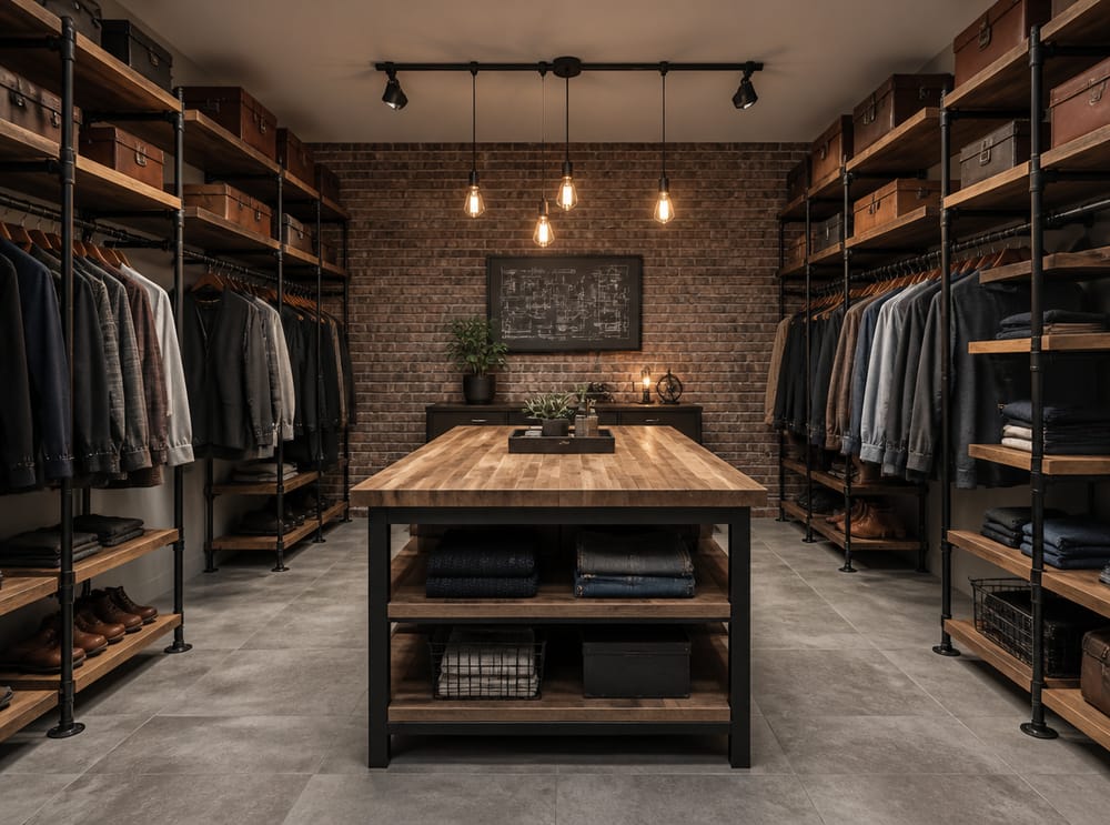 Barras tubulares de acero e isla de madera en vestidor industrial