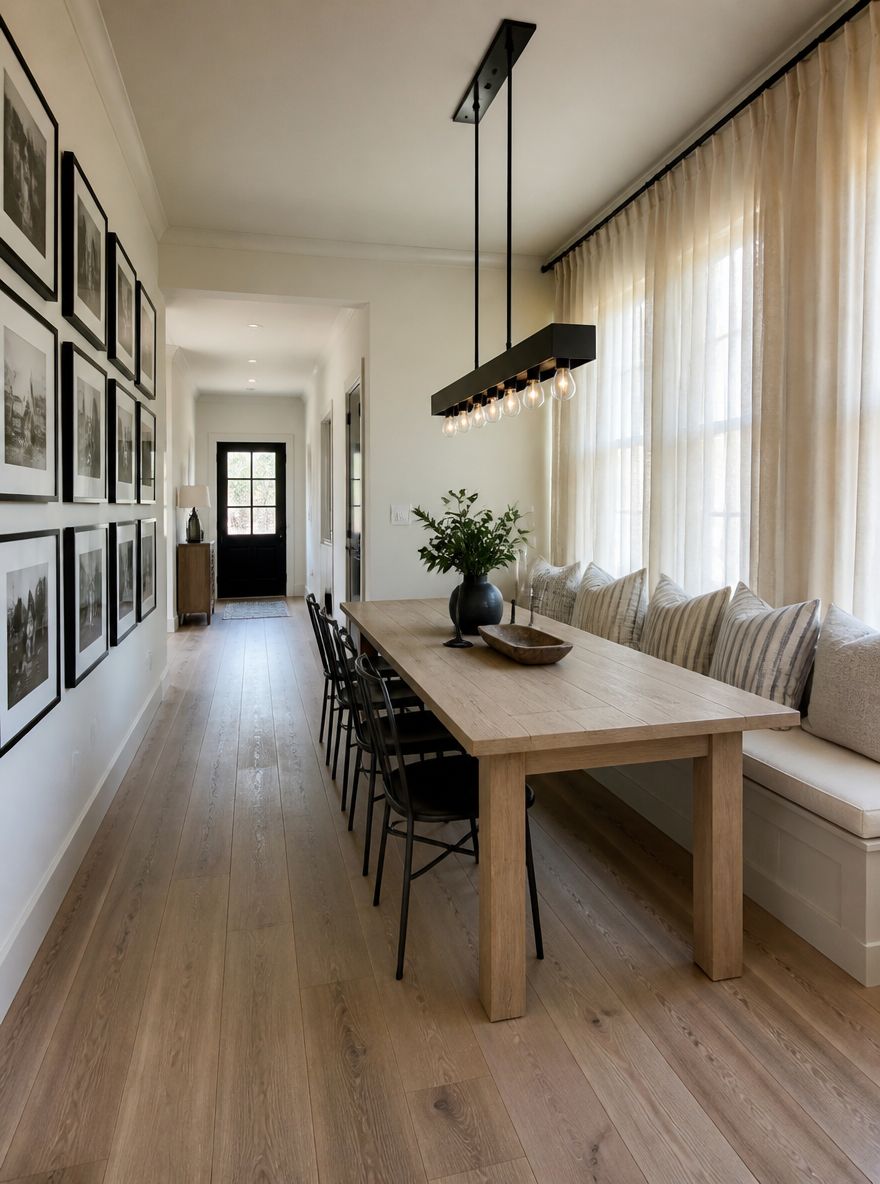 Bělený dubový stůl, pruhovaná lavička, galerie na vstupní stěně