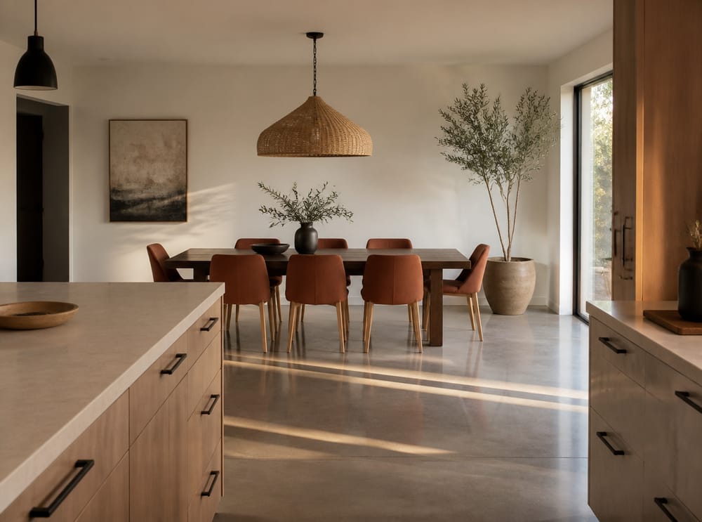 Kouřový dubový stůl otevřený do kuchyně, velký ratanový lustr