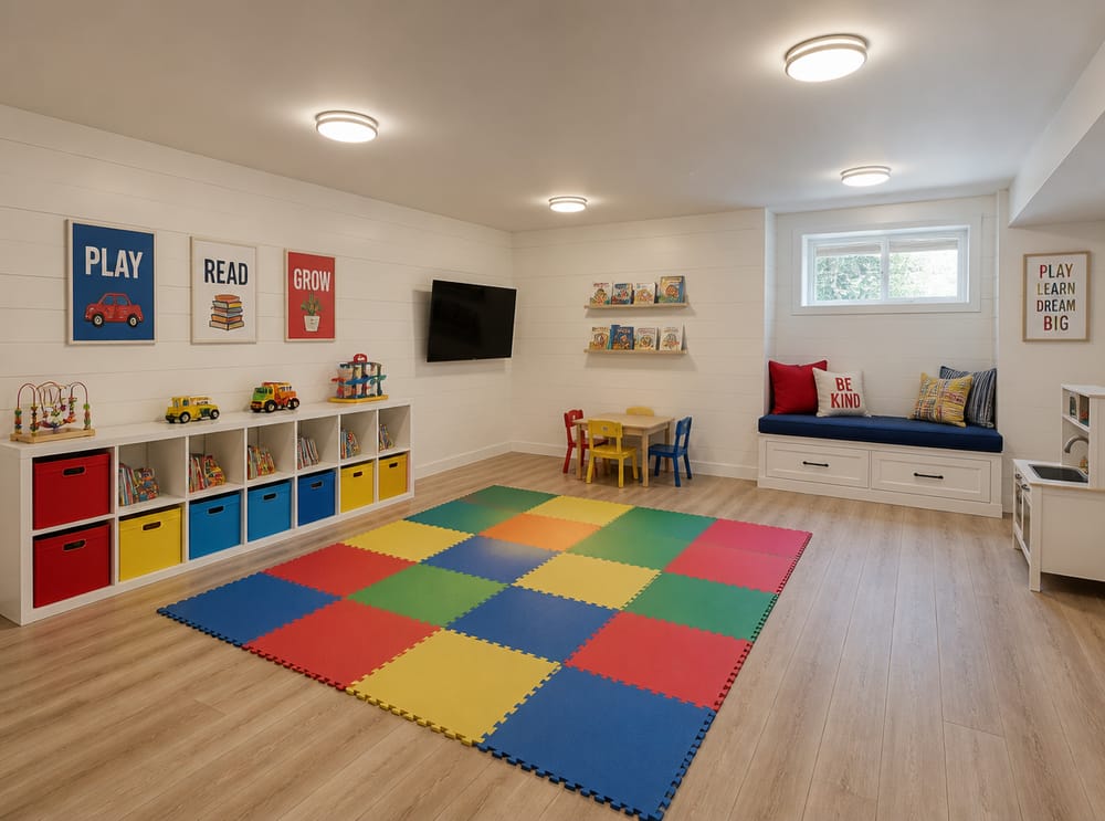 Cubi bassi e angolo lettura nella sala giochi per bambini
