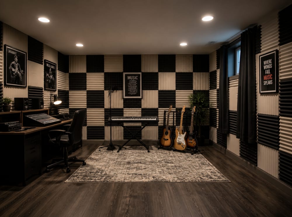 Pannelli acustici e banco mixer nella sala musica
