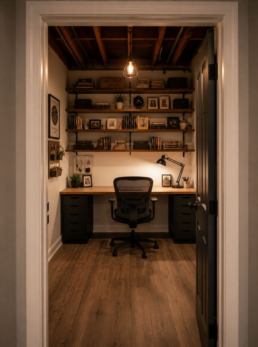 Scrivania a tutta parete sotto soffitto con travi in legno a vista