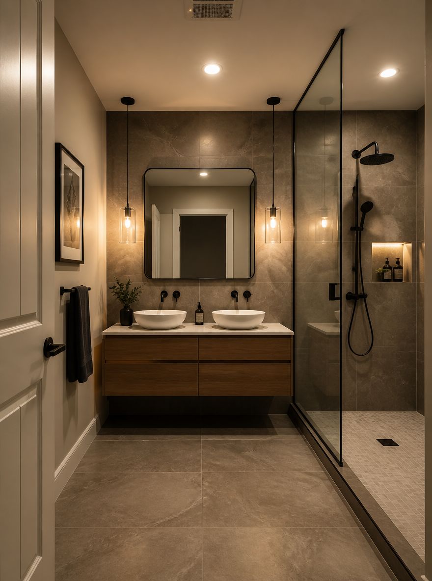 Mobile bagno sospeso e doccia senza cornice, rubinetti nero opaco