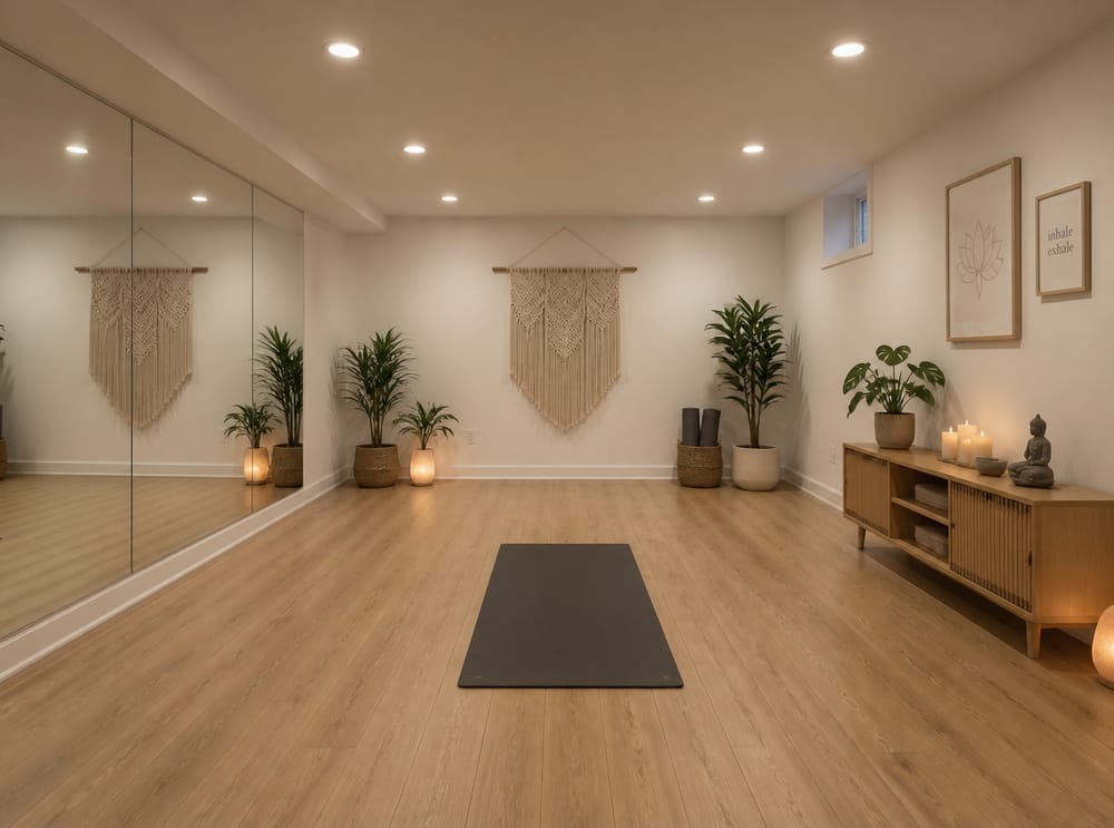 Parete a specchio e pavimento in legno nello studio yoga