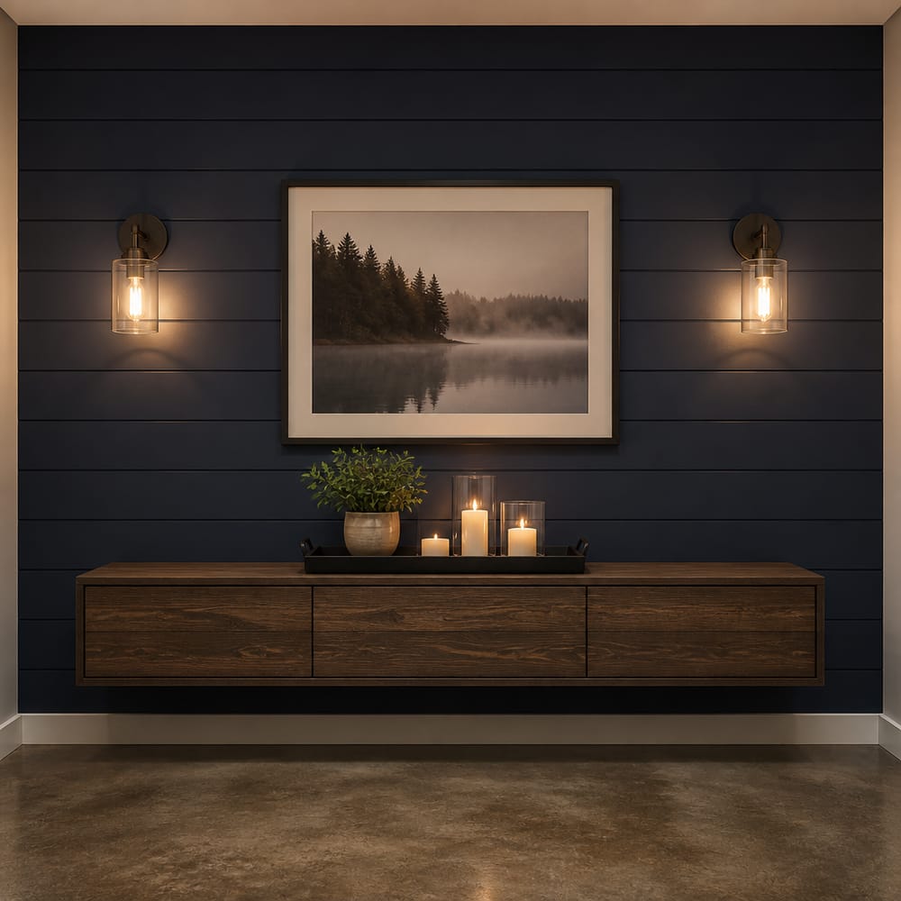 Parete shiplap blu navy con applique simmetriche