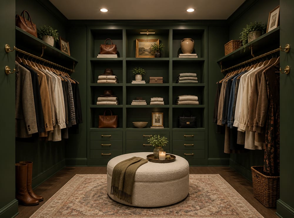 Pareti verde bosco con dettagli in ottone e pouf