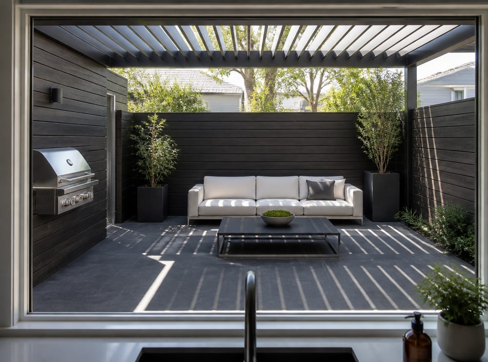 Pergola moderna a lamelle su patio minimalista