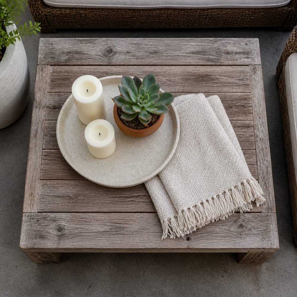 Tavolino in teak decorato con candele e pianta grassa