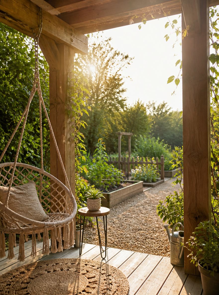 Sedia sospesa in macramè incorniciata dai pali della pergola