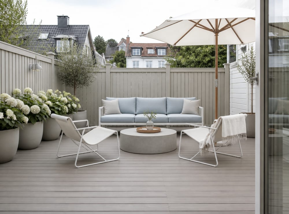 Divano bianco in metallo e tavolo in cemento su decking composito