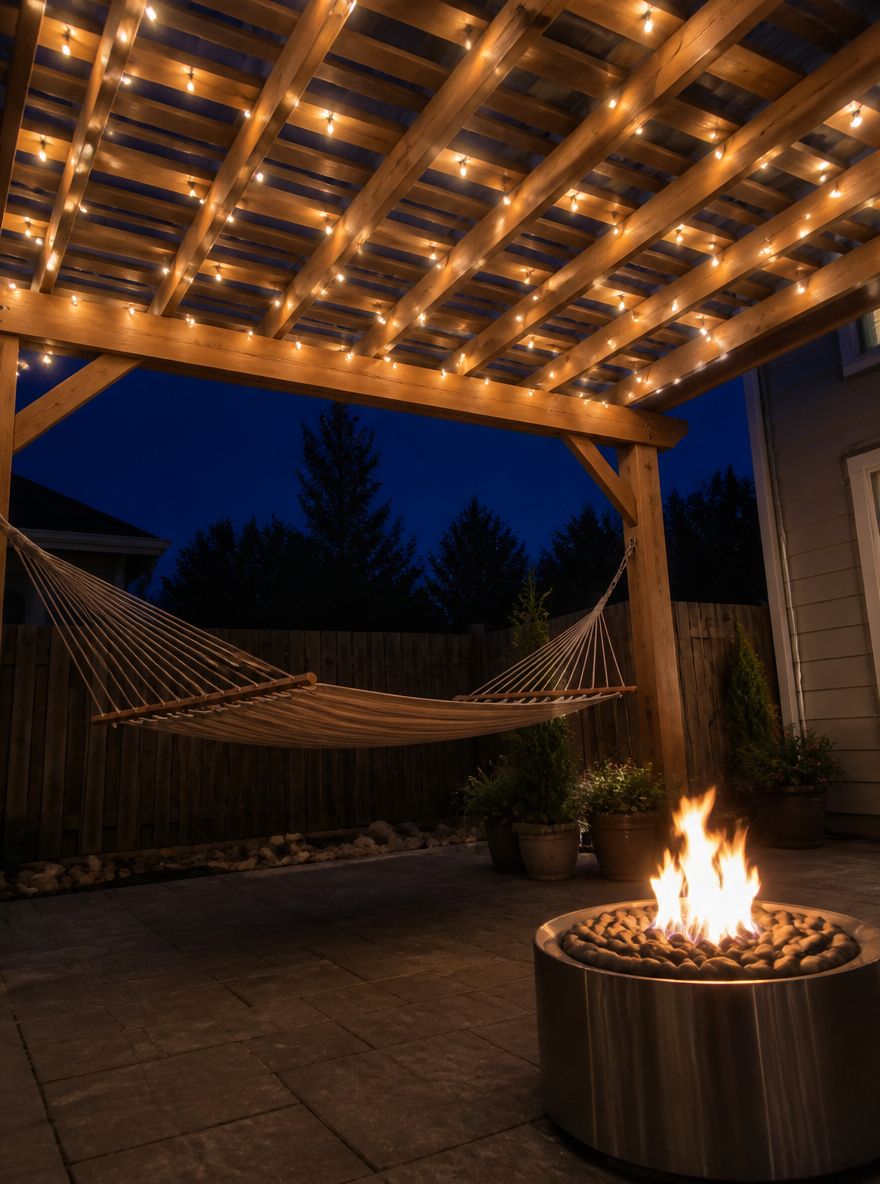 Amaca appesa sotto una pergola DIY illuminata