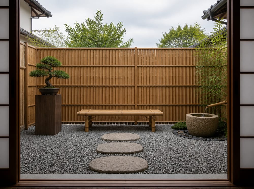 Panca in bambù e ghiaia in patio stile Japandi