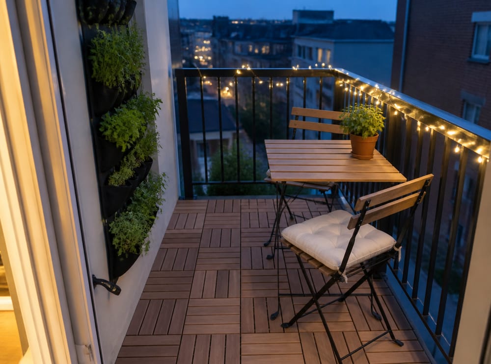Tavolo bistrot e fioriera di erbe su un piccolo balcone