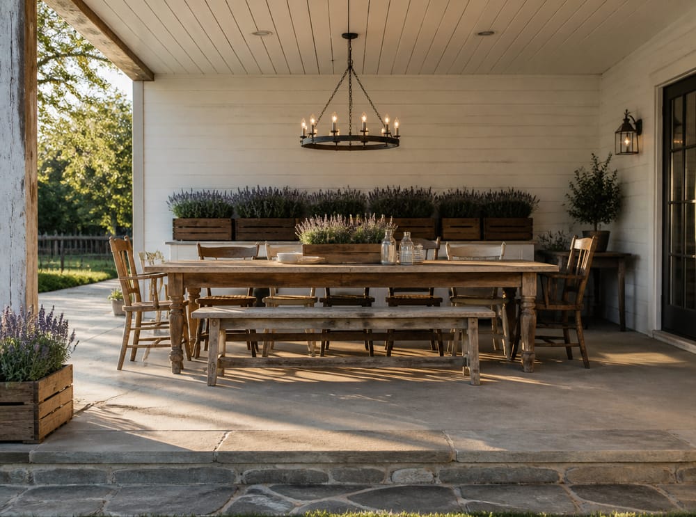 Tavolo rustico in rovere sotto lampadario zincato
