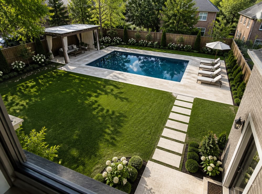 Vista dall'alto della piscina con bordo in travertino
