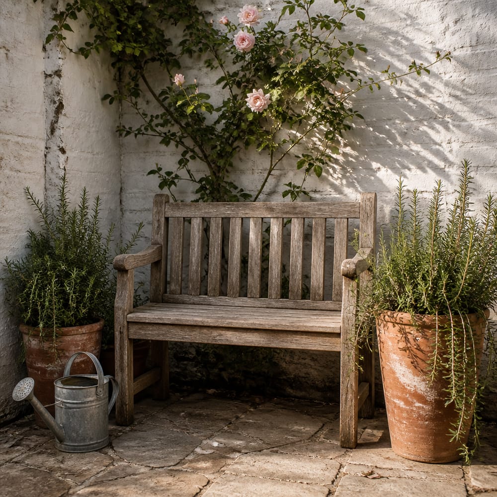 Panca in teak con vasi in terracotta e rosa rampicante