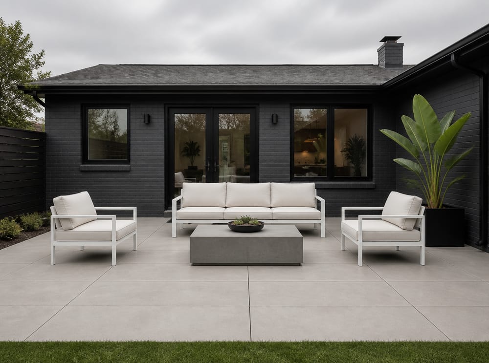 Patio minimal in cemento con divano bianco in alluminio