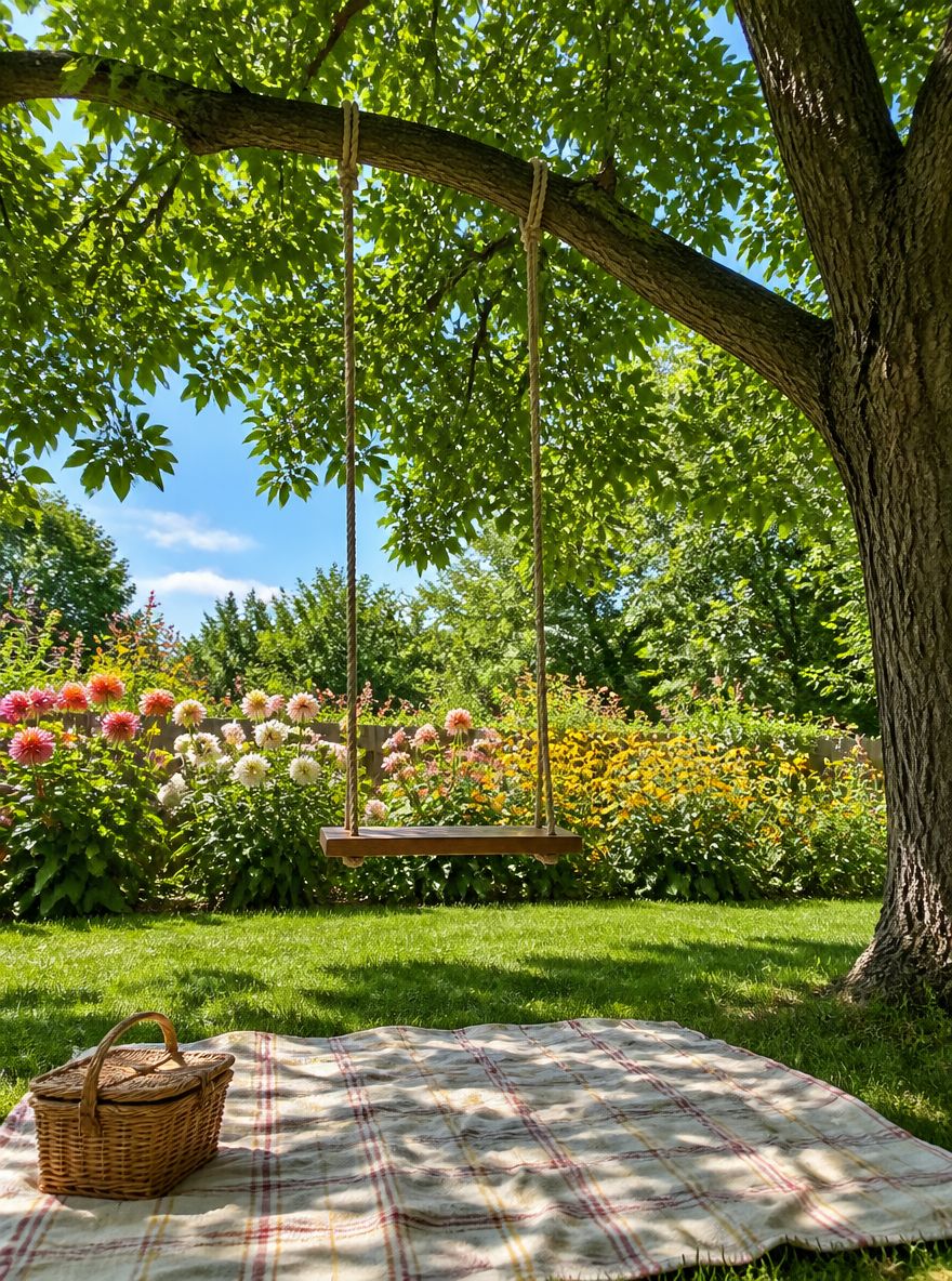 Altalena su albero sopra coperta da picnic sul prato estivo