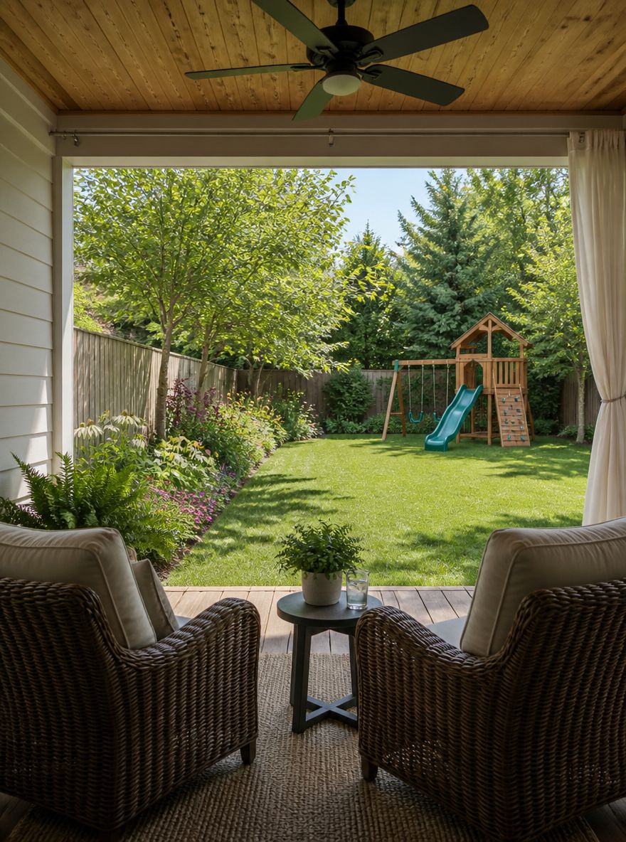 Sedie sotto portico coperte con vista sul prato e giardino