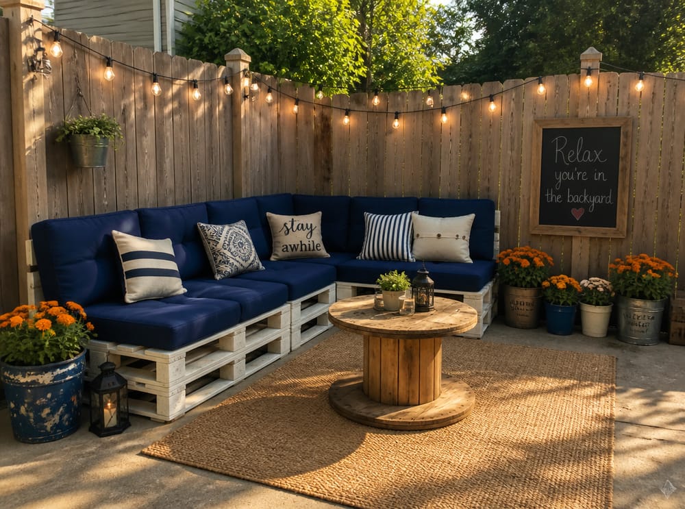 Divano con pallet e tavolo con bobina su un piccolo budget