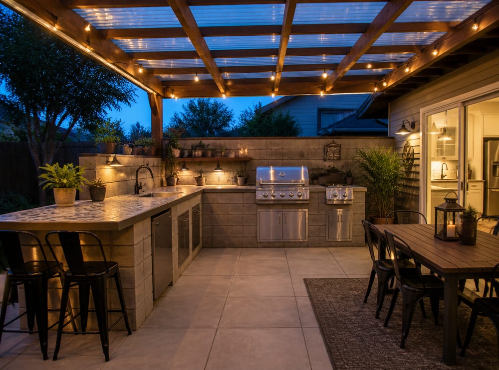 Cucina esterna con pergola e zona pranzo