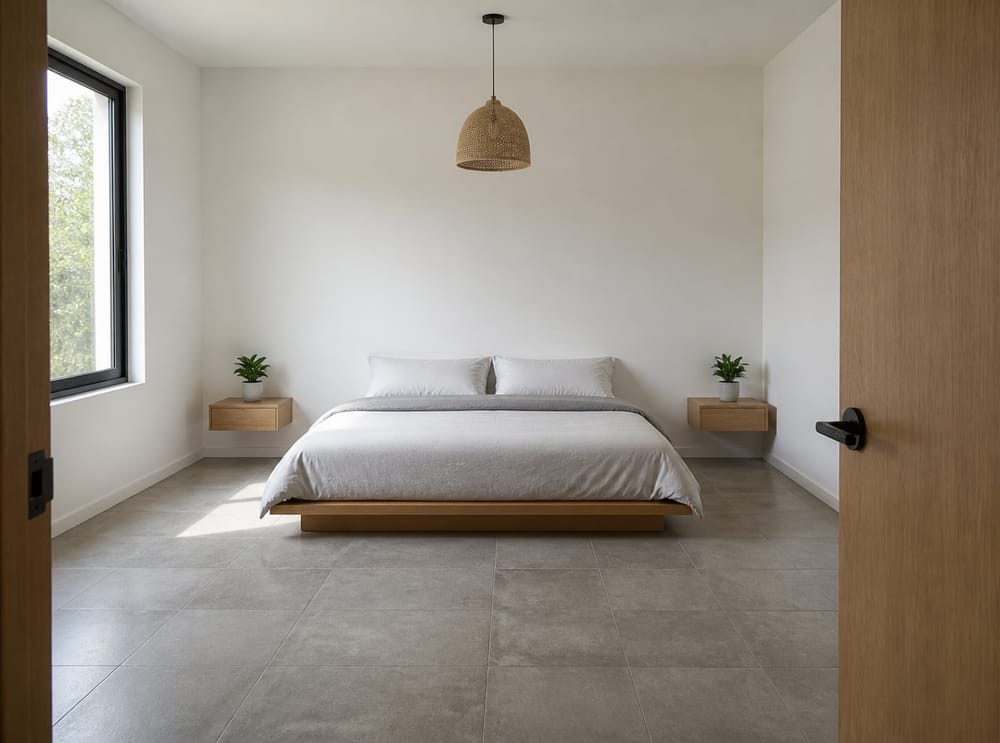 Cama minimalista de perfil bajo con mesas flotantes
