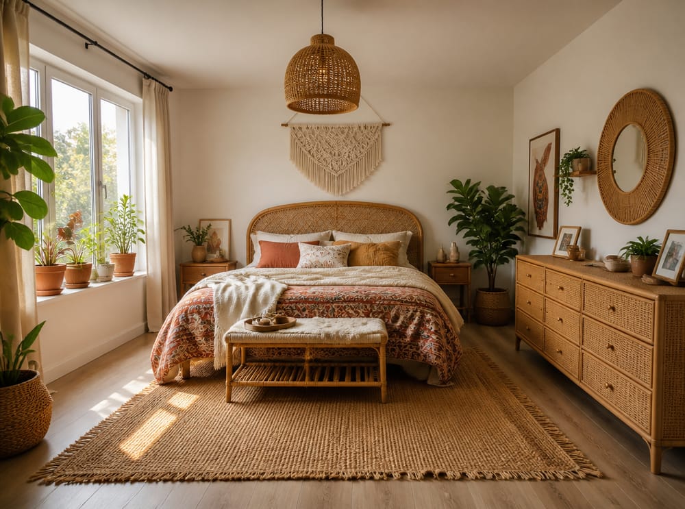 Cabecero de ratán y macramé en dormitorio bohemio