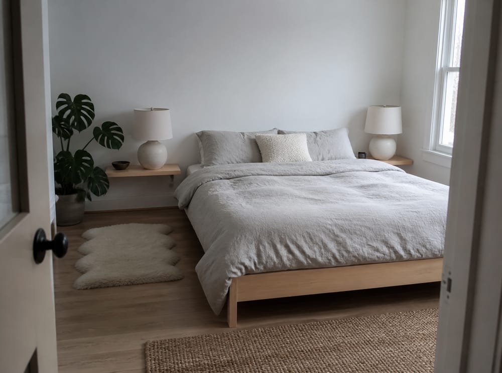 Estructura de cama de abedul y monstera en estilo escandinavo
